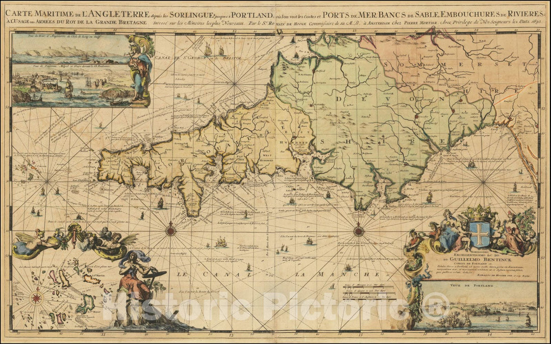 Historic Map : Carte Maritime de L'Angleterre depuis Sorlingues jusques a Portland ou l'on voit les costes et Ports, . 1693, 1693, Vintage Wall Art