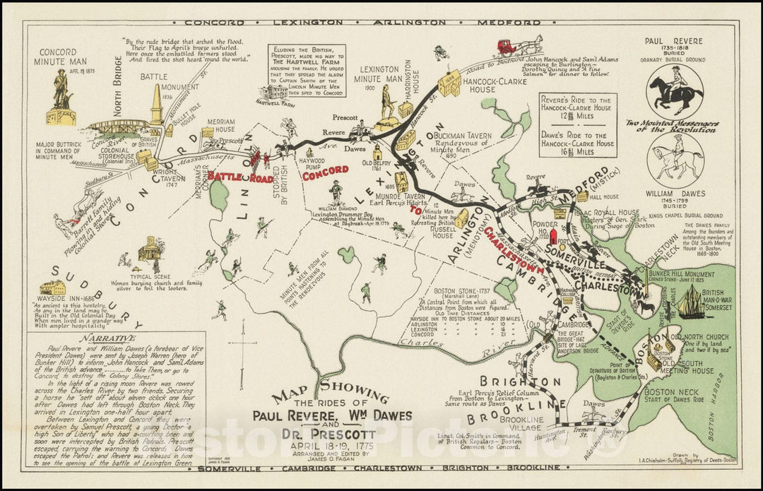 Historic Map : The Rides of Paul Revere, Wm. Dawes and Dr. Prescott April 18-19, 1775 ,with Map of Boston, 1929, Vintage Wall Art