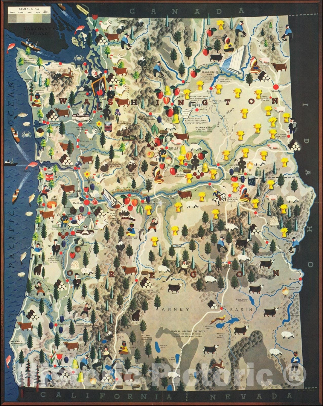 Historic Map : Washington & Oregon,  1940, Vintage Wall Art