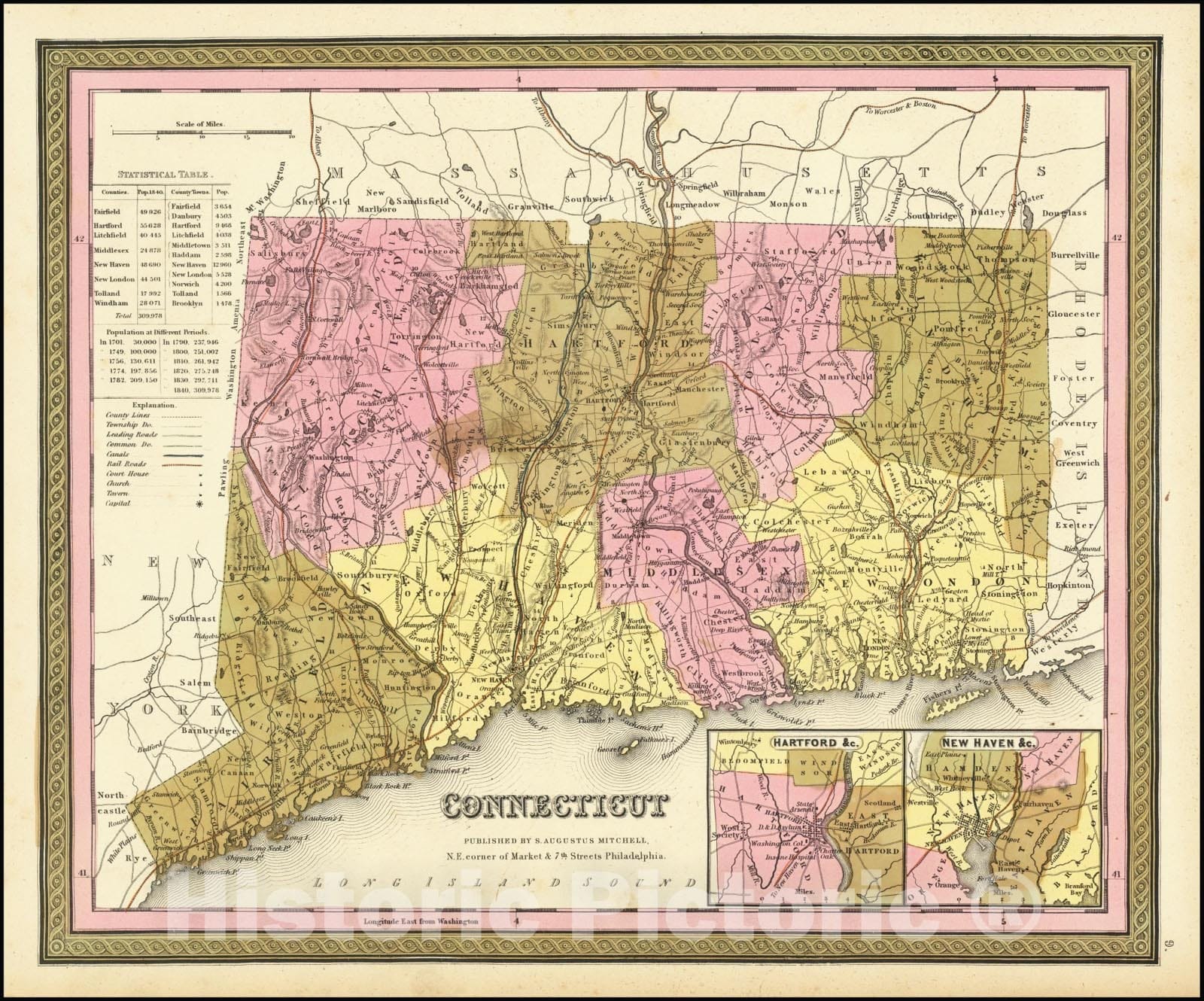 Historic Map : Connecticut, 1846 v2, Vintage Wall Art