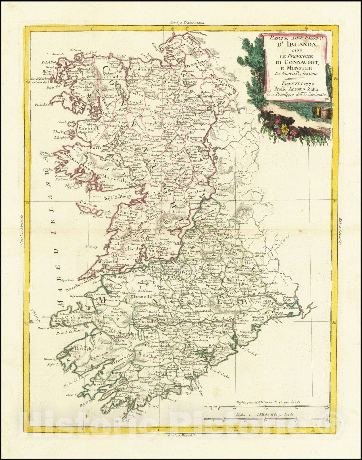 Historic Map : Parte del Regno d'Irlanda cio e Le Provincie di Connaught, e Munster Di Nuova Projezione, 1778 , 1778, Vintage Wall Art