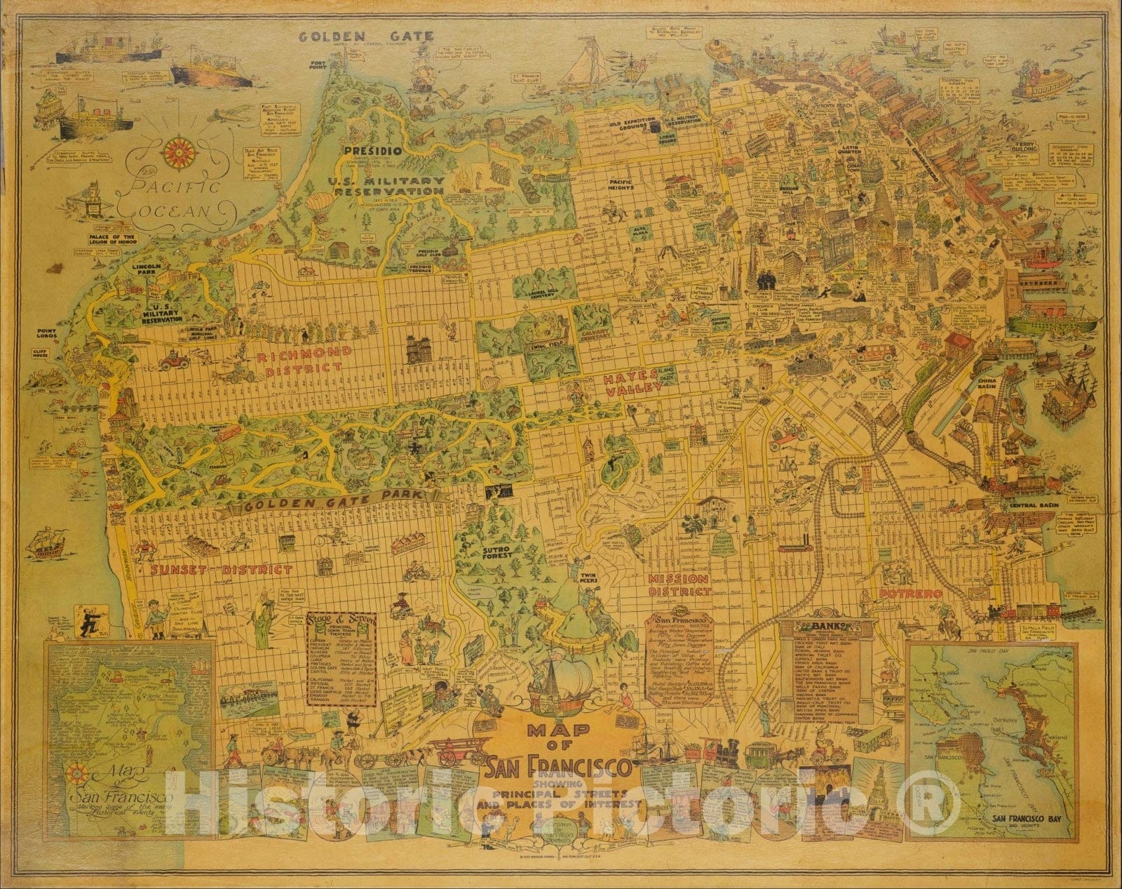 Historic Map : San Francisco Showing Principal Streets and Places of Interest, 1927, Vintage Wall Art