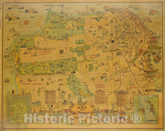 Historic Map : San Francisco Showing Principal Streets and Places of Interest, 1927, Vintage Wall Art