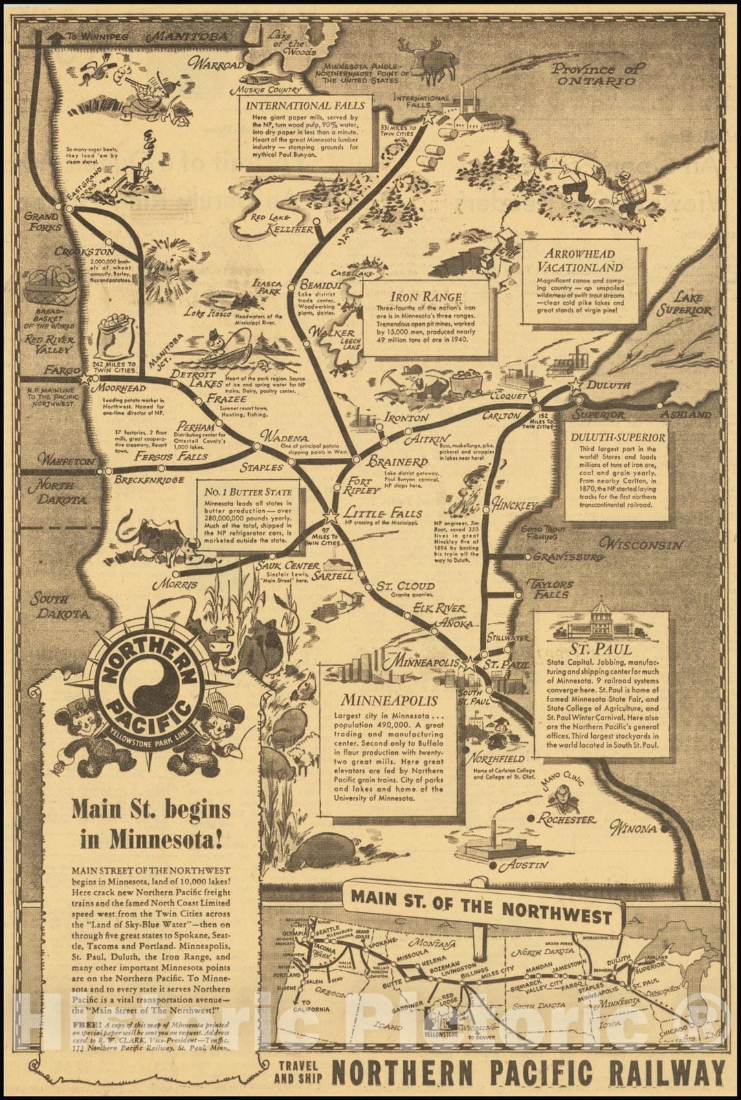 Historic Map : Minnesota -- Sinclair Lewis,Main St. begins in Minnesota!, 1930, Vintage Wall Art