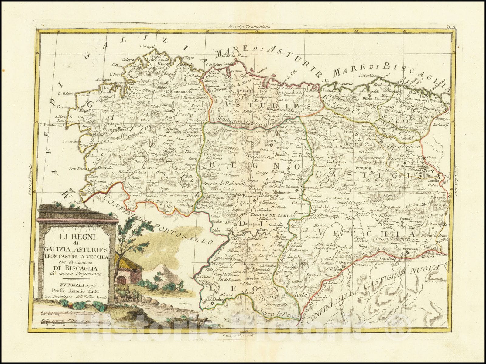 Historic Map : Li Regni di Galizia, Asturies, Leon, Castiglia Vecchia con la Signoria di Biscaglia de nuova Projezione , 1776, 1776, Vintage Wall Art
