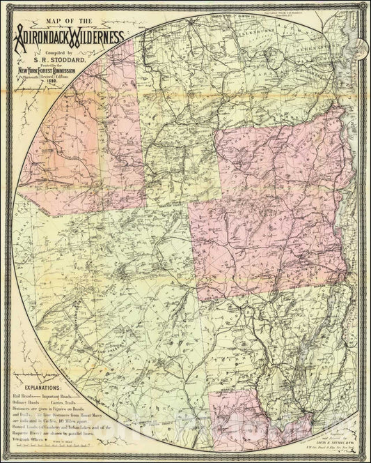 Historic Map : Adirondack Wilderness Compiled by S.R. Stoddard, Glens Falls, N.Y.Thirteenth , Revised, 1890, Vintage Wall Art