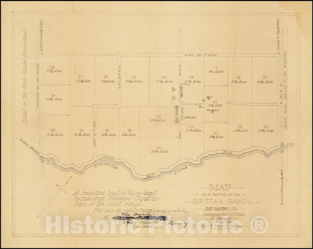 Historic Map : San Carlos / Edgewood Park,Map of a Portion of The Brittan Ranch, San Mateo. Surveyed by J.J. Cloud, Co. Surveyor.April 1885, 1885, Vintage Wall Art