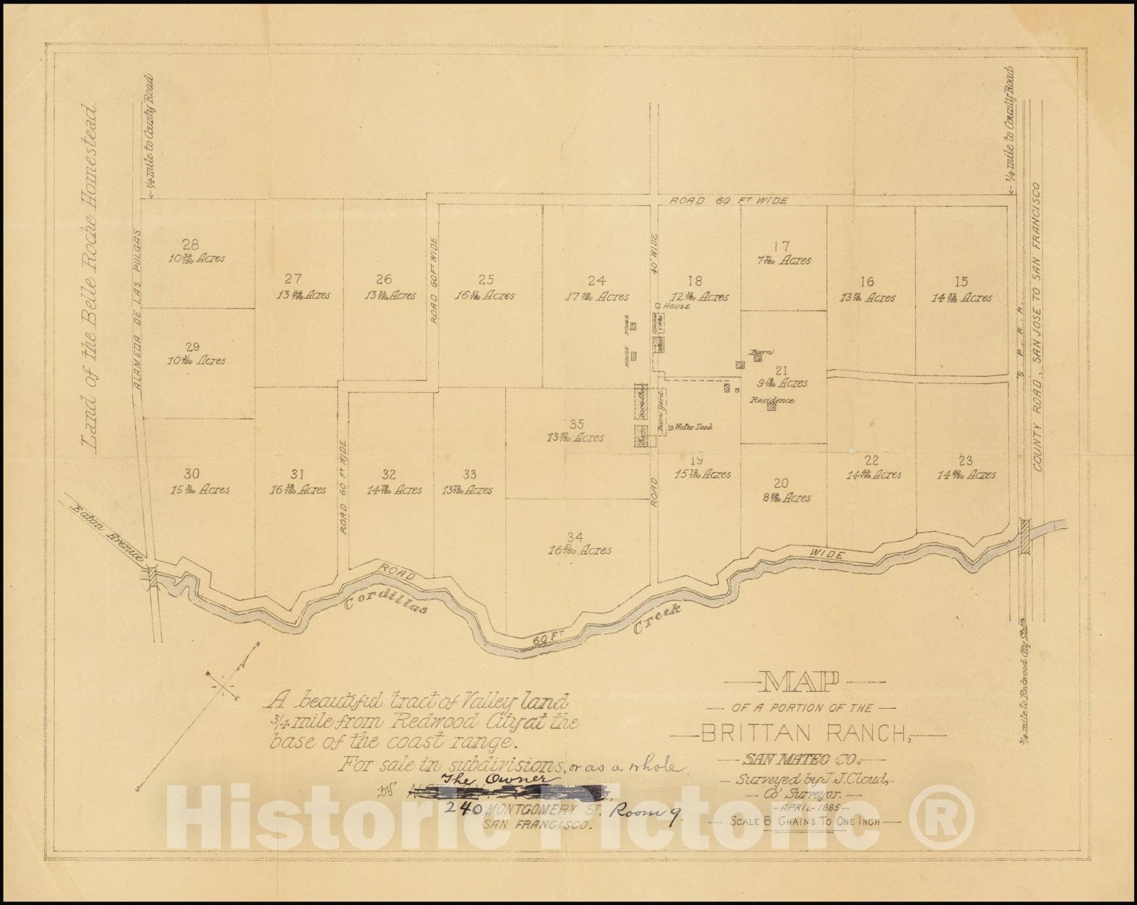Historic Map : San Carlos / Edgewood Park,Map of a Portion of The Brittan Ranch, San Mateo. Surveyed by J.J. Cloud, Co. Surveyor.April 1885, 1885, Vintage Wall Art