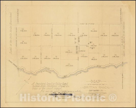 Historic Map : San Carlos / Edgewood Park,Map of a Portion of The Brittan Ranch, San Mateo. Surveyed by J.J. Cloud, Co. Surveyor.April 1885, 1885, Vintage Wall Art