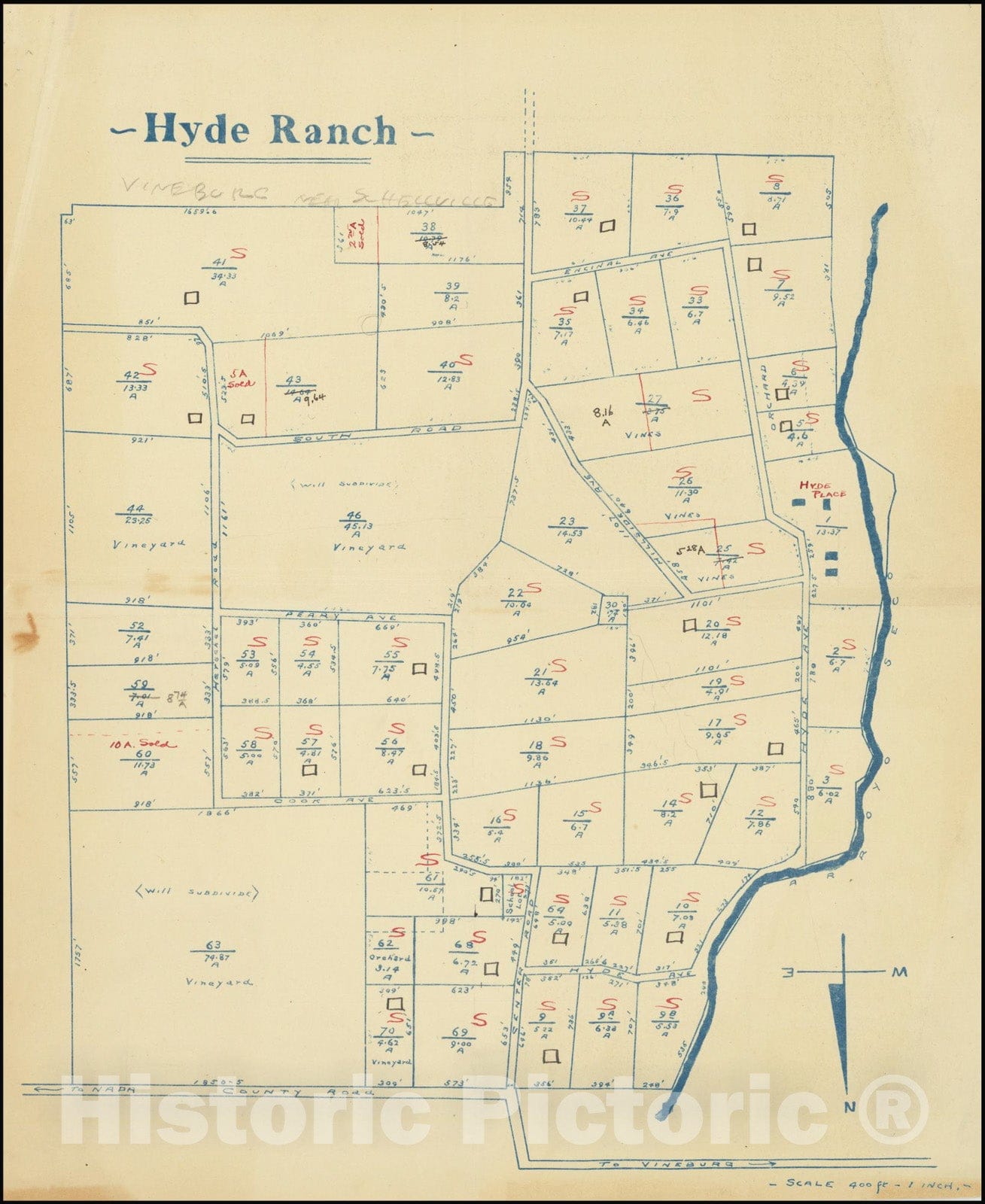 Historic Map : Sonoma,Hyde Ranch, 1940, Vintage Wall Art