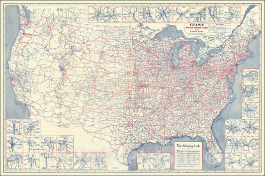 Historic Map : Cram's Paved Road United StatesAn accurate survey of the main highways showing mileage and character of all important Roads, 1930, Vintage Wall Art