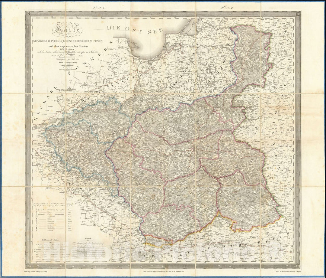 Historic Map : Karte von dem Konigreich Pohlen Grosse-Herzogthum Posen und den angrenzenden staaten in IV Sectionen nach en besten vorhandenen Hulfsmitteln entworfen im jahr 1810, 1831, 1831, Vintage Wall Art
