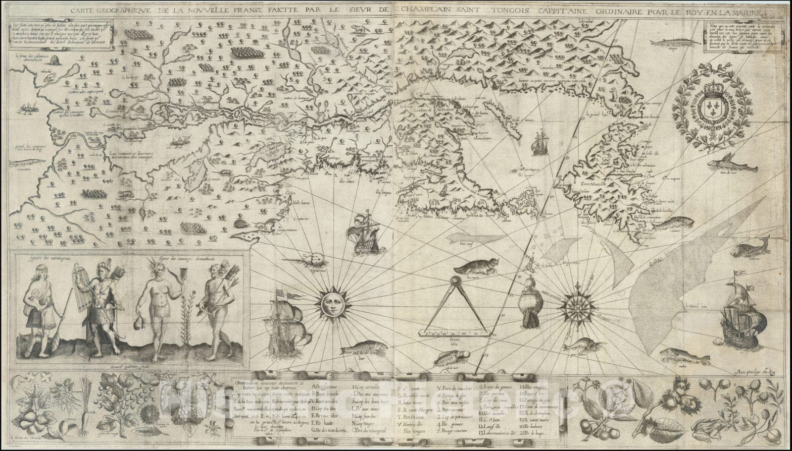 Historic Map : Carte Geographique de la Nouvelle Franse Faictte par le Sieur Champlain Saint Tongois Cappitaine Ordinaire Pour le Roy en la Marine , 1613, Vintage Wall Art