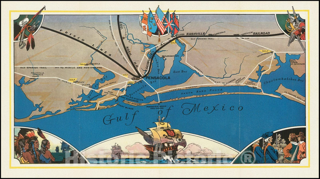 Historic Map : Pensacola on the Florida Gulf Coast. A Delightful Year-round Resort., 1920, Vintage Wall Art