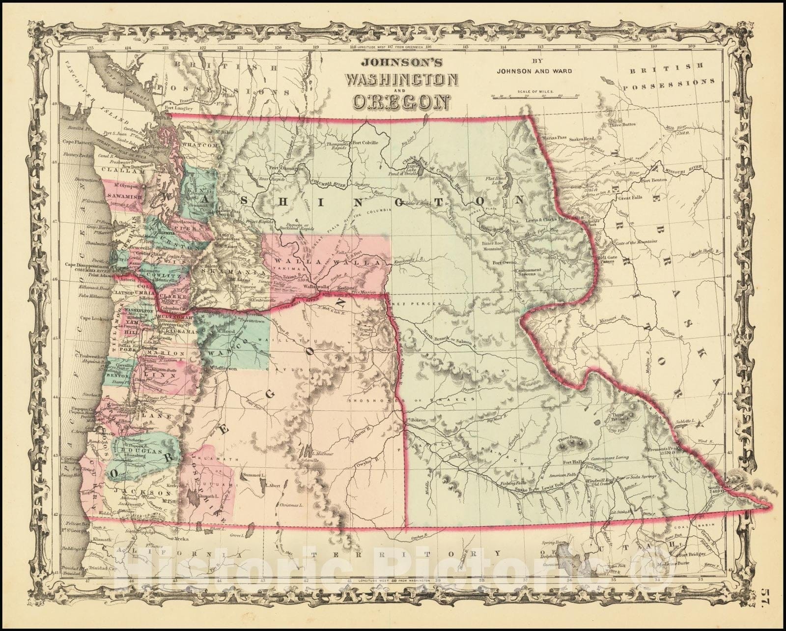 Historic Map : Johnson's Washington & Oregon , 1862, Vintage Wall Art
