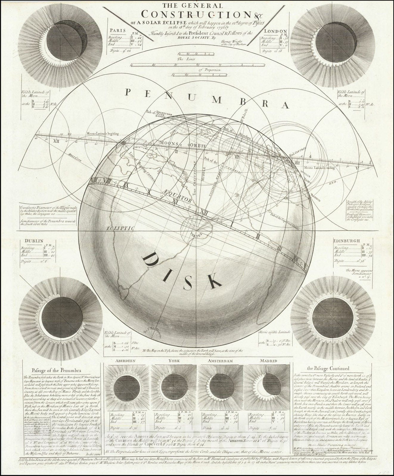 Historic Map : The General Construction &c. of a Solar Eclipse which will happen in the 12th degree of Pisces on the 18th day of February 1736/7, 1737, Vintage Wall Art