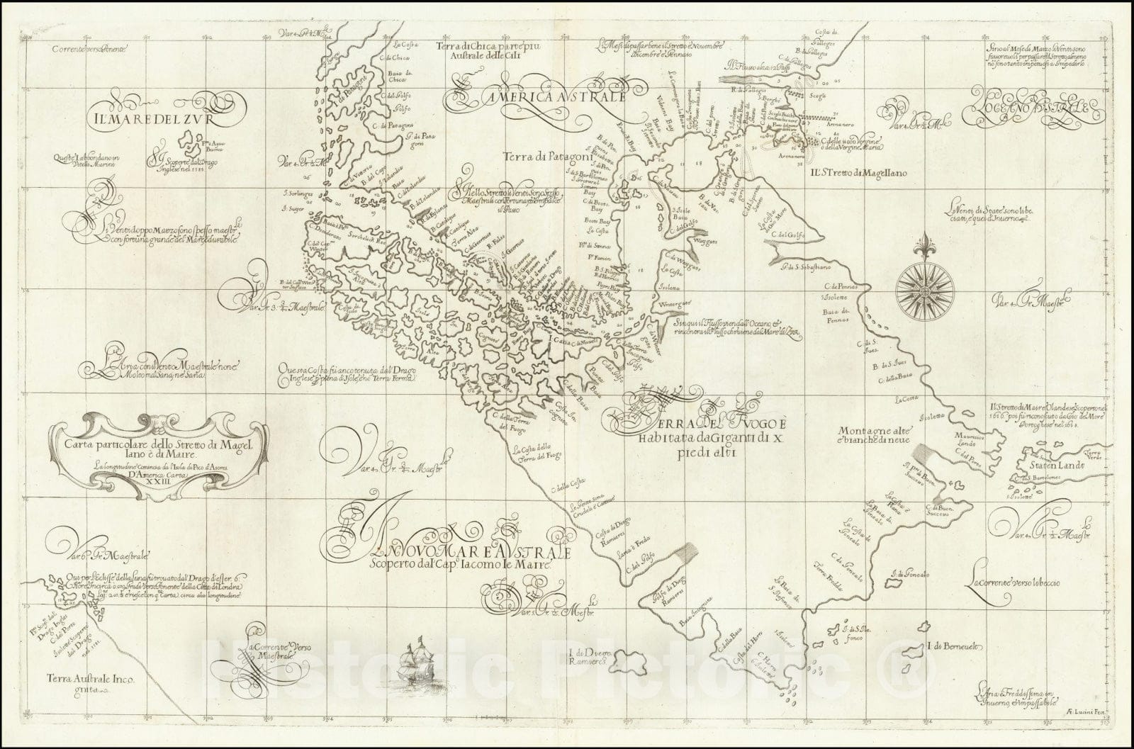 Historic Map : Carta Particolare dello Stretto di Magellano e di Maire, 1646, Vintage Wall Art