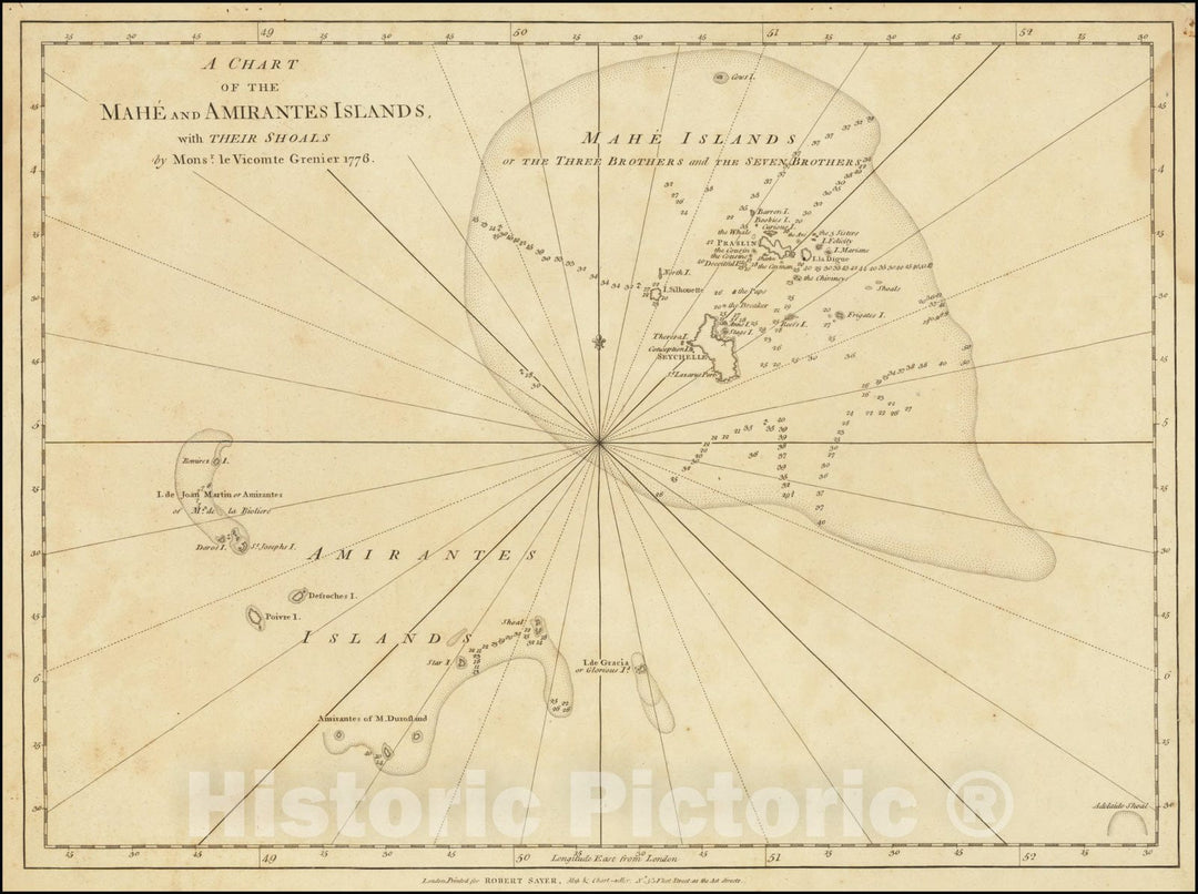 Historic Map : Seychelles,A Chart of the Mahe and Amirantes Islands, with their Shoals by Monsr. le Vicomte Grenier 1776, 1776, Vintage Wall Art