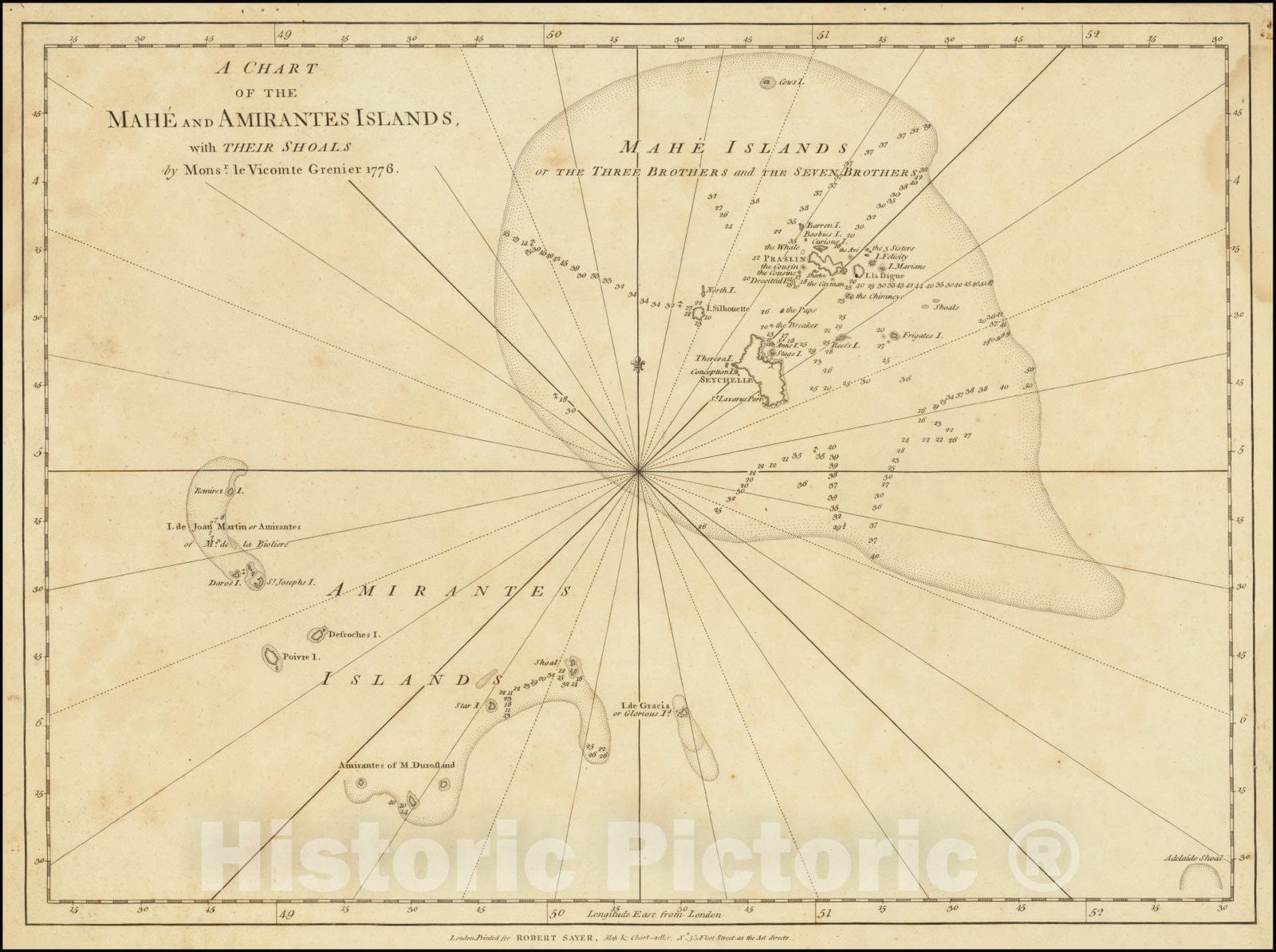 Historic Map : Seychelles,A Chart of the Mahe and Amirantes Islands, with their Shoals by Monsr. le Vicomte Grenier 1776, 1776, Vintage Wall Art