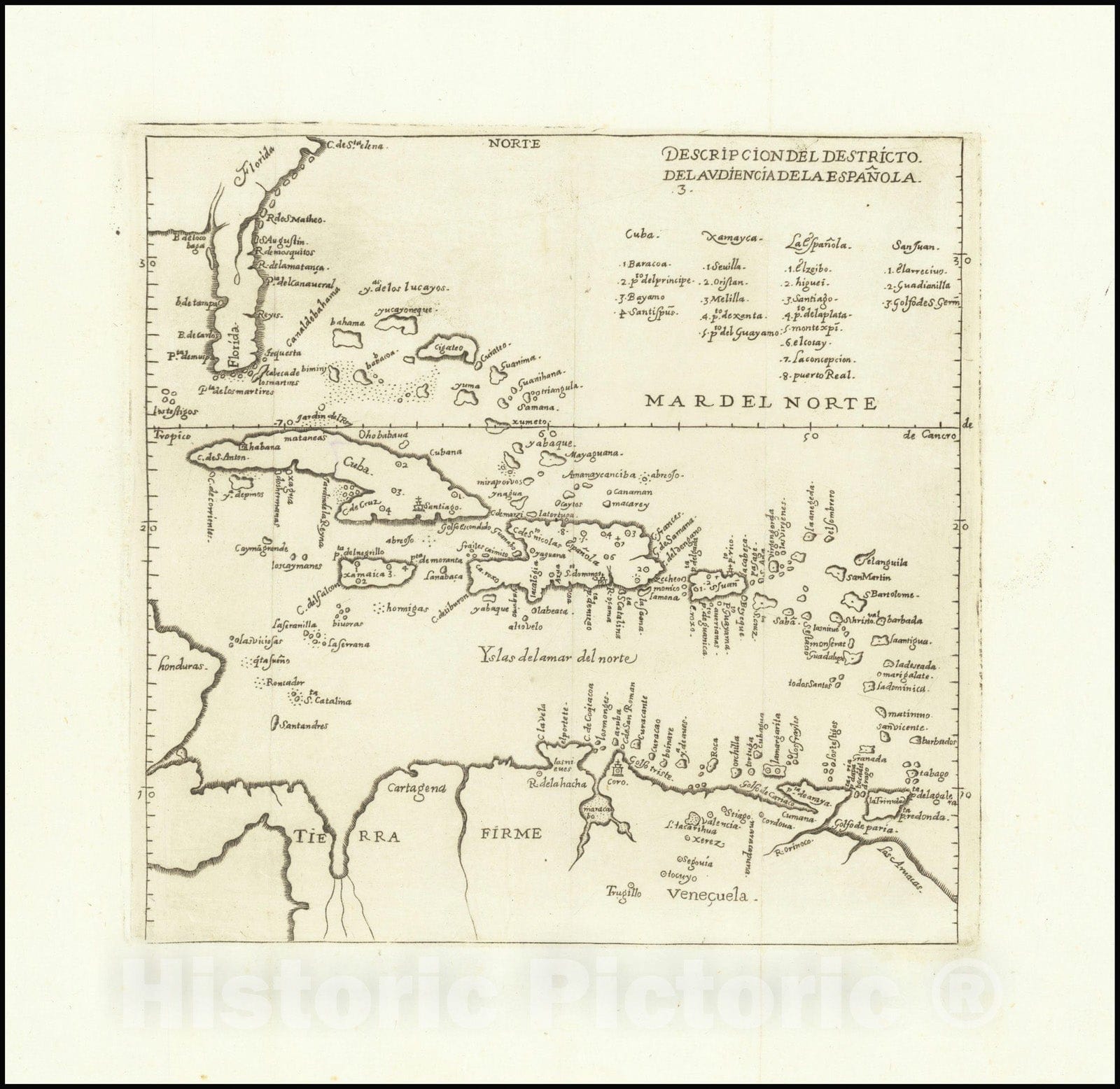 Historic Map : Descripcion Del Destricto Del Audiencia De La EspaÃ±ola,1601 (1726 ca), Vintage Wall Art