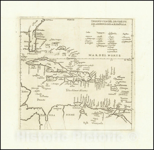 Historic Map : Descripcion Del Destricto Del Audiencia De La EspaÃ±ola,1601 (1726 ca), Vintage Wall Art