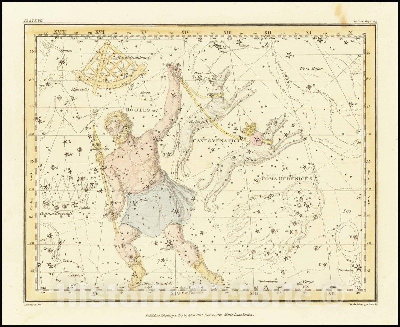 Historic Map : Bootes & Mons Moenalus Asterion & Chara Venatici-Coma-Berenices, 1822 v1, Vintage Wall Art