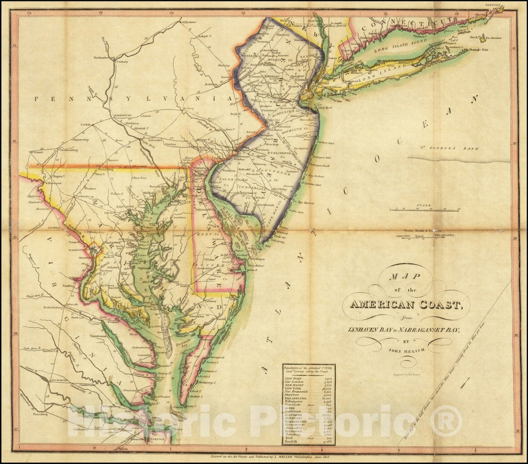 Historic Map : American Coast, from Lynhaven Bay to Narraganset Bay,  1813, Vintage Wall Art