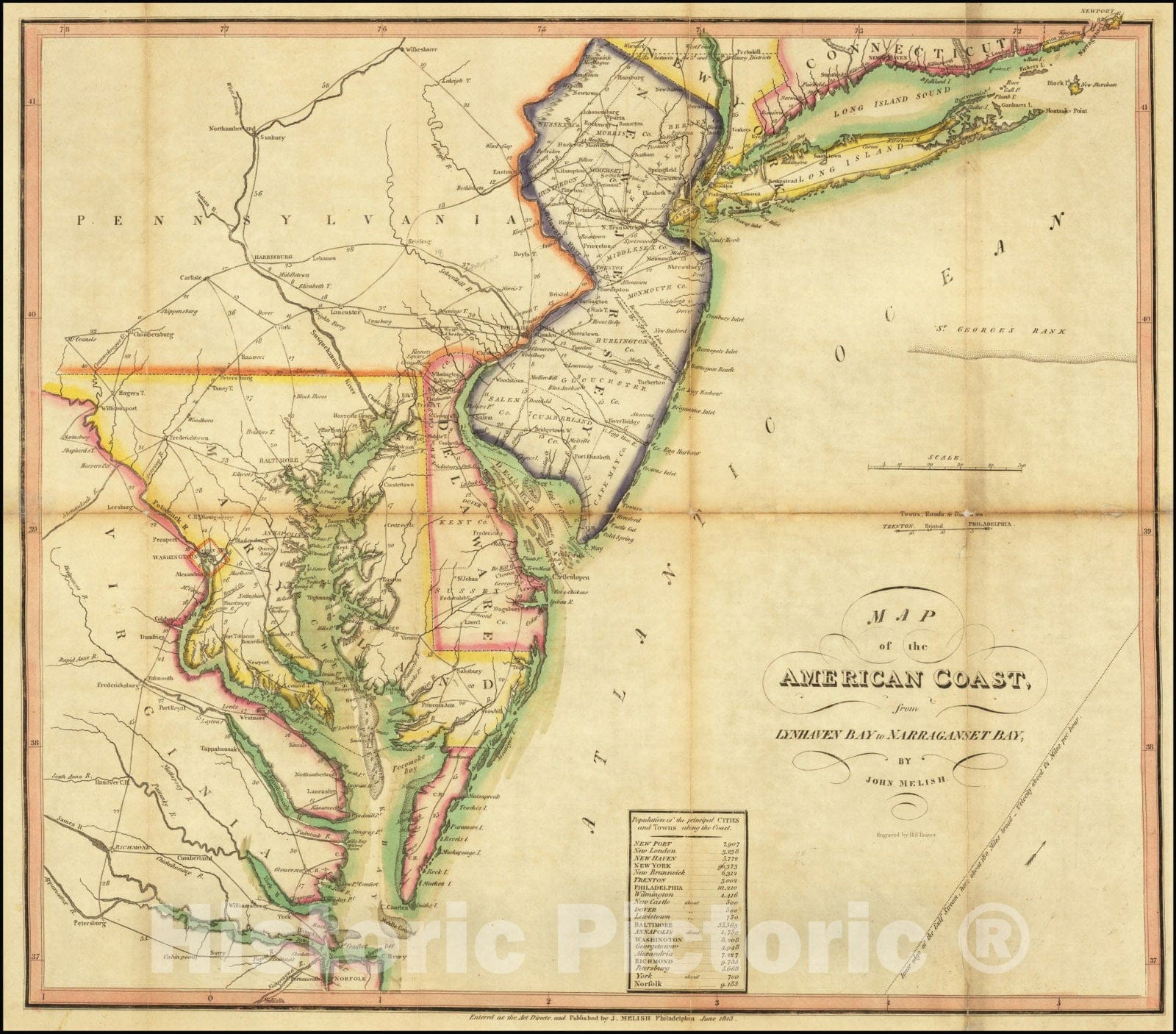 Historic Map : American Coast, from Lynhaven Bay to Narraganset Bay,  1813, Vintage Wall Art