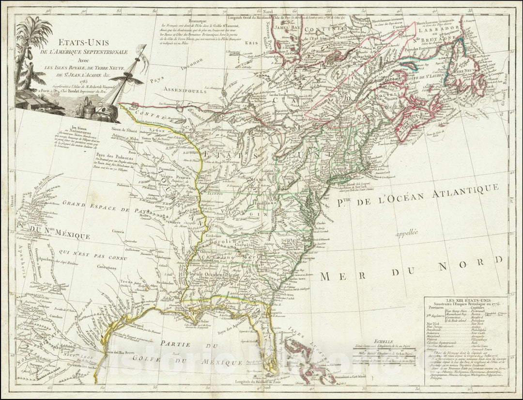 Historic Map : Etats-Unis De L'Amerique Septentrionale Avec Les Isles Royale, De Terre Neuve, De St. Jean, L'Acadie &c.1785, 1785, Vintage Wall Art