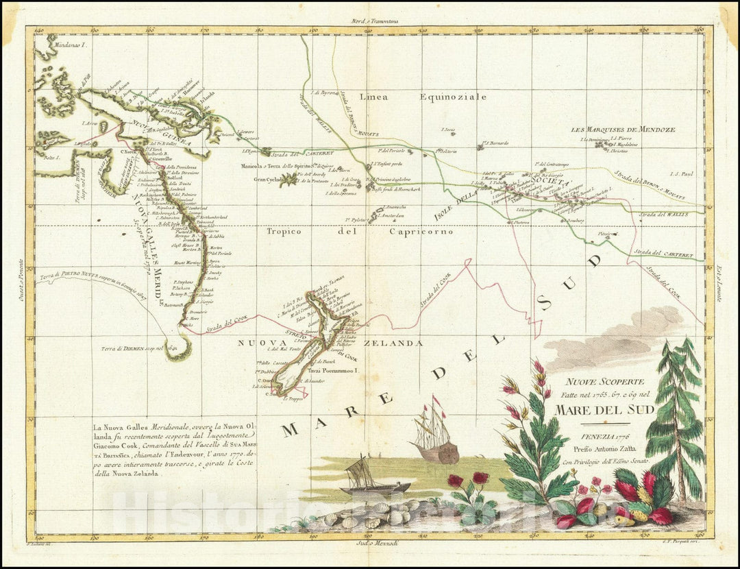 Historic Map : Nuove Scoperte Fatte nel 1765, 67 e 69 nel Mare Del Sud, . 1776, 1776, Vintage Wall Art