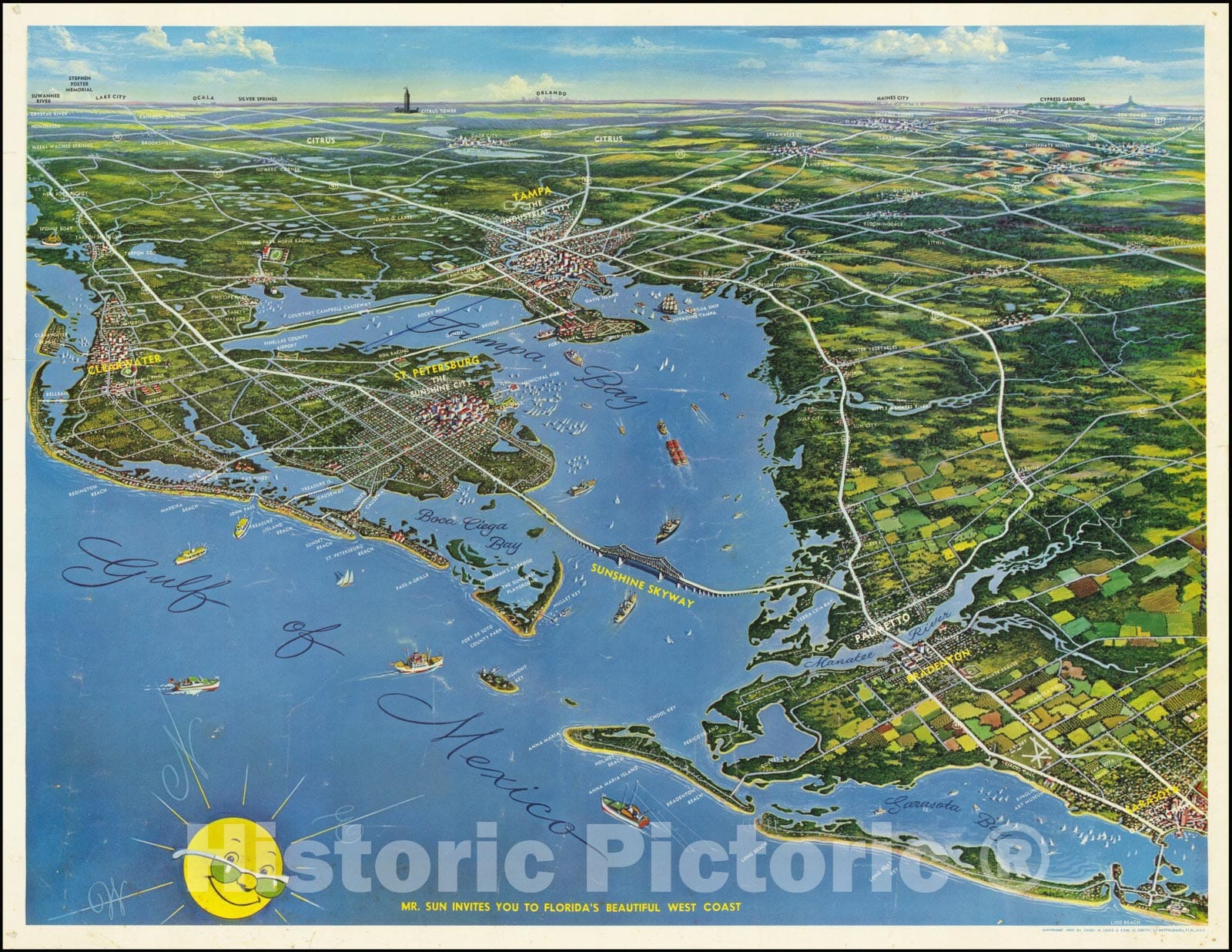 Historic Map : Mr. Sun Invites You To Florida's Beautiful West Coast, 1940, Vintage Wall Art