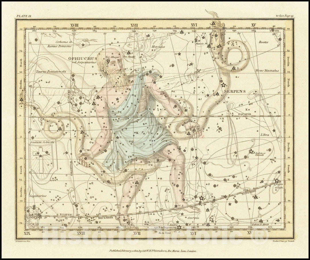 Historic Map : Ophiuchus and Serpent , and Scutum Sobieski, 1822, Vintage Wall Art