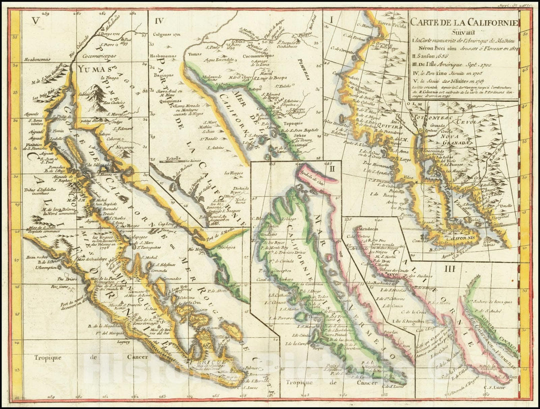 Historic Map : Carte De La Californie Suivant 1. La Carte manuscrite de l'Americque de Mathieu Neron Pecci olen dressee a Florence en 1604, 2. Sanson 1656,  1772 v1, Vintage Wall Art