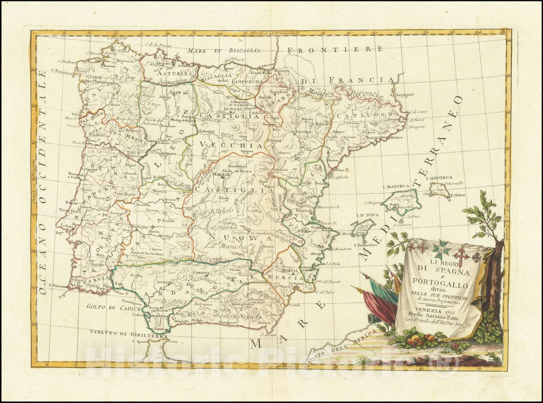 Historic Map : Li Regni Di Spagna e Portogallo divisi Nelle Sue Provincie di nuovaProjezione , 1775, 1775, Vintage Wall Art
