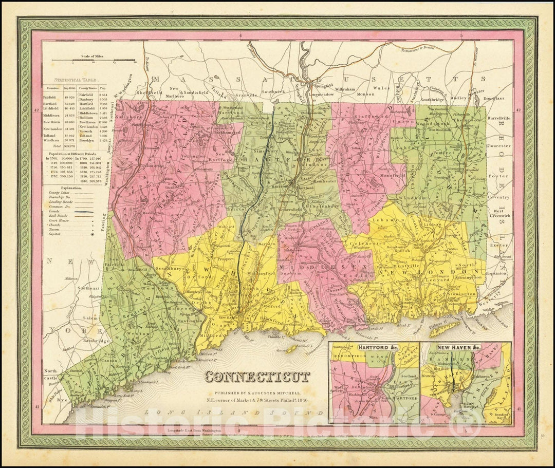Historic Map : Connecticut, 1846 v1, Vintage Wall Art