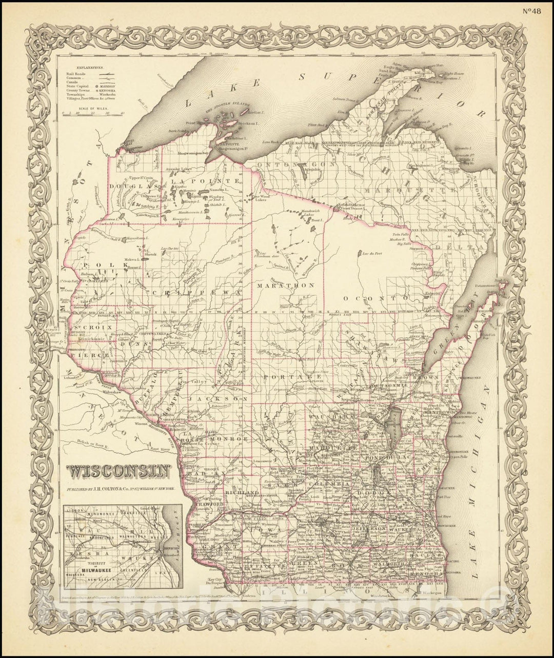 Historic Map : Wisconsin, 1855, Vintage Wall Art
