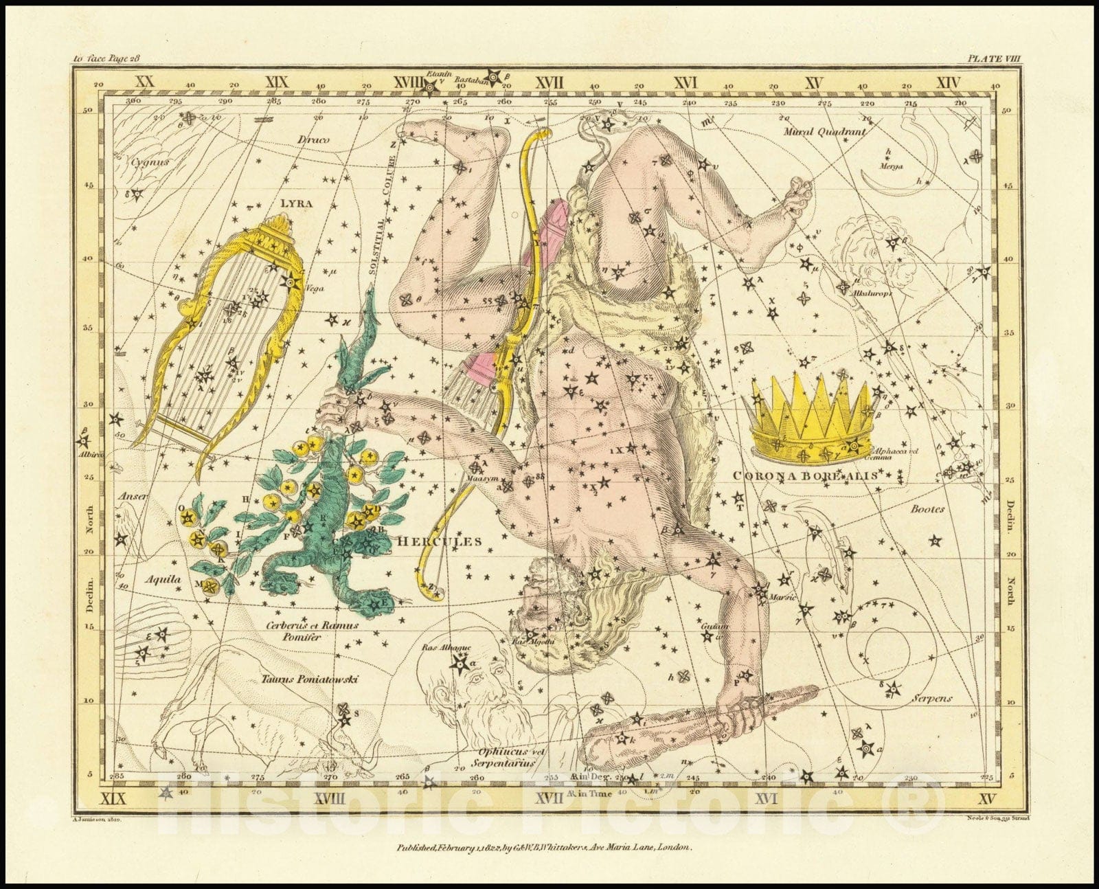 Historic Map : Corona Borealis, Hercules and Cerberus and Lyra, 1820, Vintage Wall Art