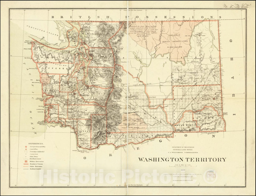 Historic Map : Washington Territory 1879. Compiled from the official Records of the General Land Office and other sources ,  1879, Vintage Wall Art