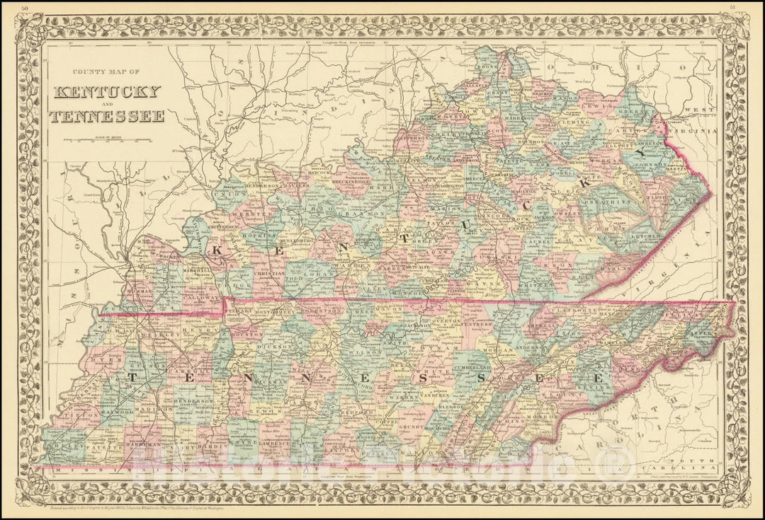 Historic Map : County Kentucky and Tennessee, 1880, Vintage Wall Art