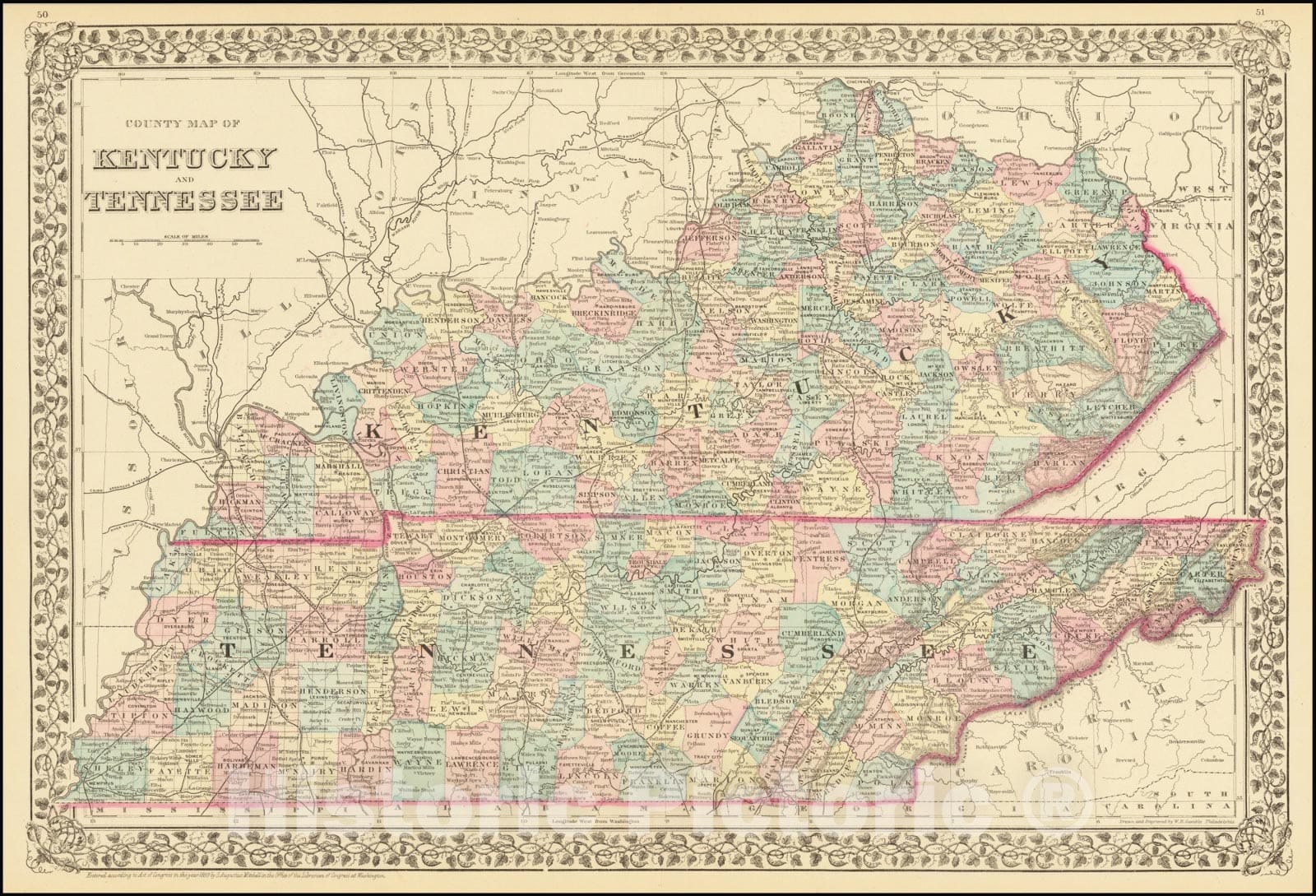 Historic Map : County Kentucky and Tennessee, 1880, Vintage Wall Art