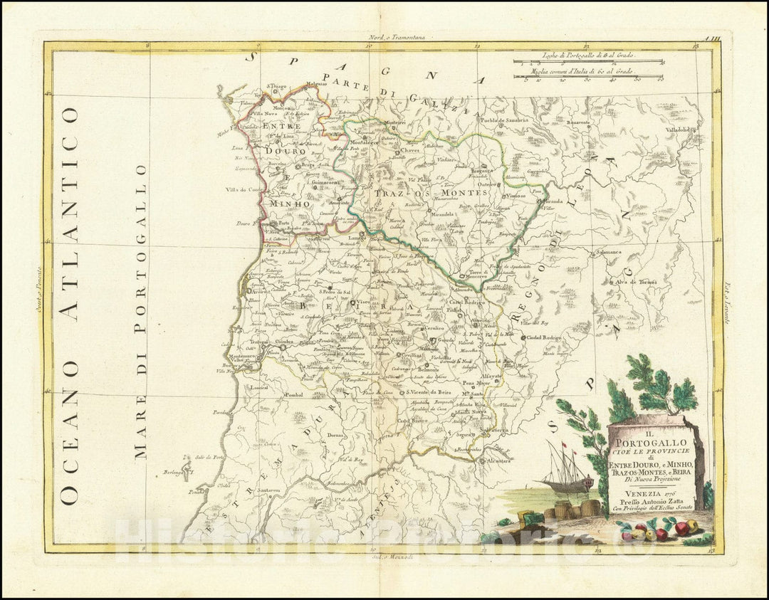 Historic Map : Il Portogallo cio e La Provincie di Entre Douro, e Minho, Traz-os-Montes, e Beira Di Novissima Projezione , 1776, 1776, Vintage Wall Art