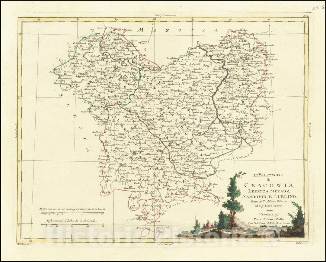 Historic Map : Li Palatinati di Cracowia, Lekzyca, Sieradz, Sandomir, E Lublino.Tratta dall' Atlante Poacco, 1781, 1781 v1, Vintage Wall Art