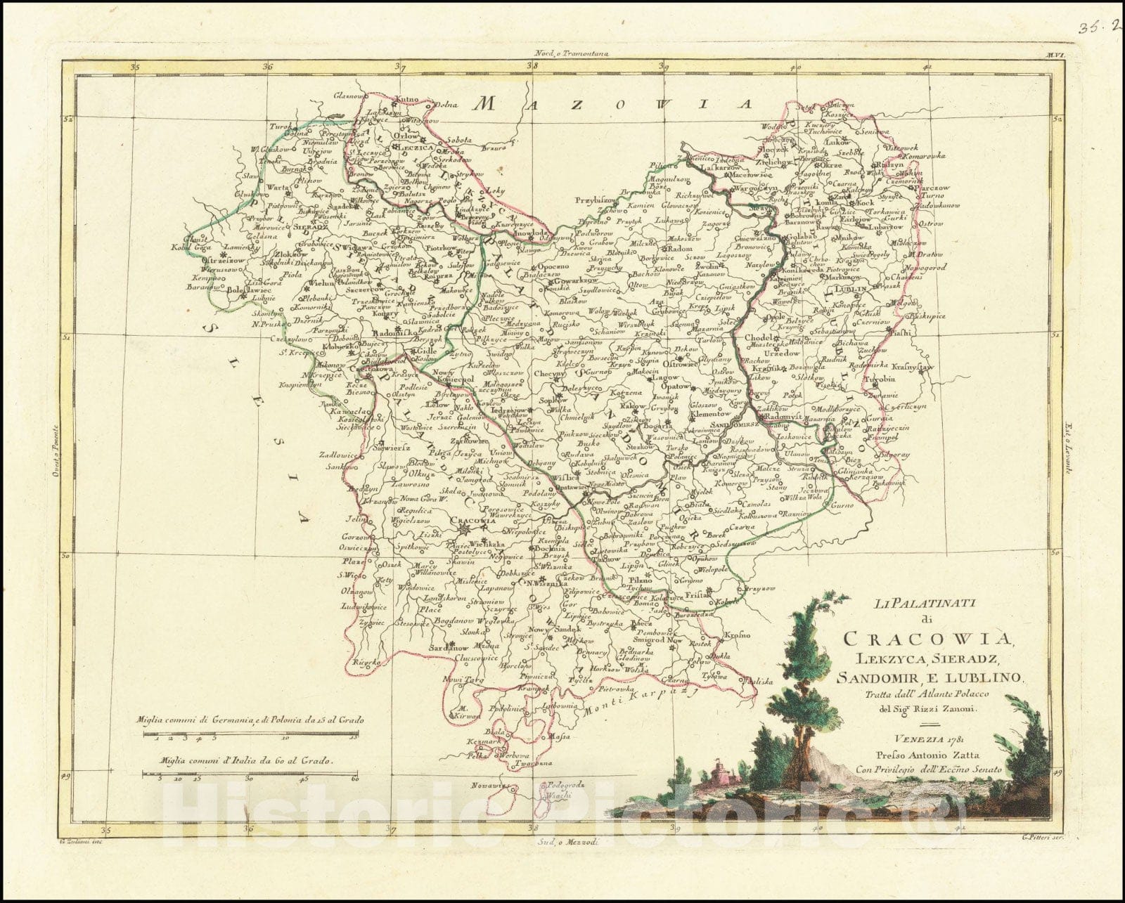 Historic Map : Li Palatinati di Cracowia, Lekzyca, Sieradz, Sandomir, E Lublino.Tratta dall' Atlante Poacco, 1781, 1781 v1, Vintage Wall Art