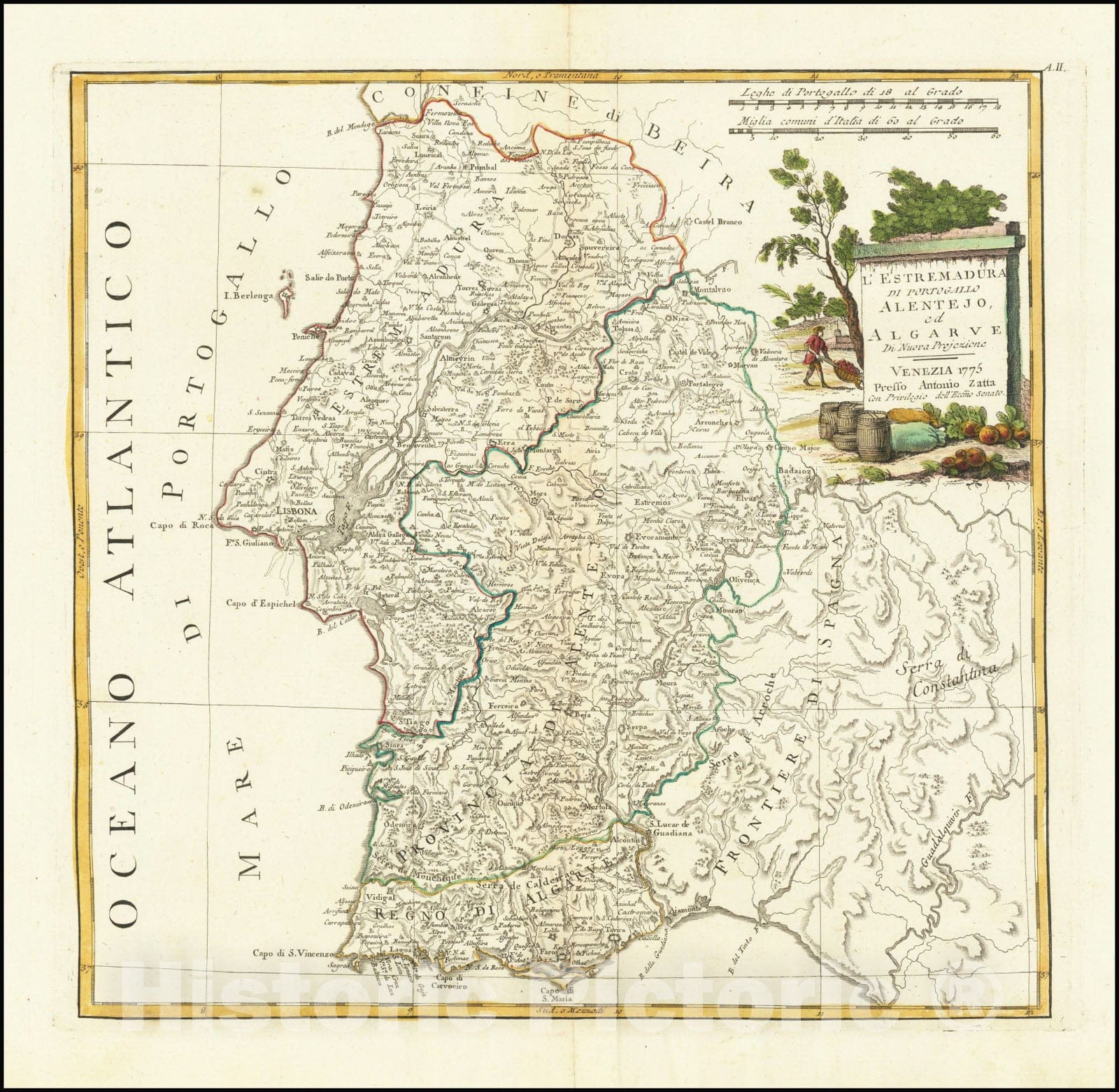 Historic Map : L'Estremadura di Portogallo Alentejo, ed Algarve Di Nuova Projeezione, 1775, 1775, Vintage Wall Art