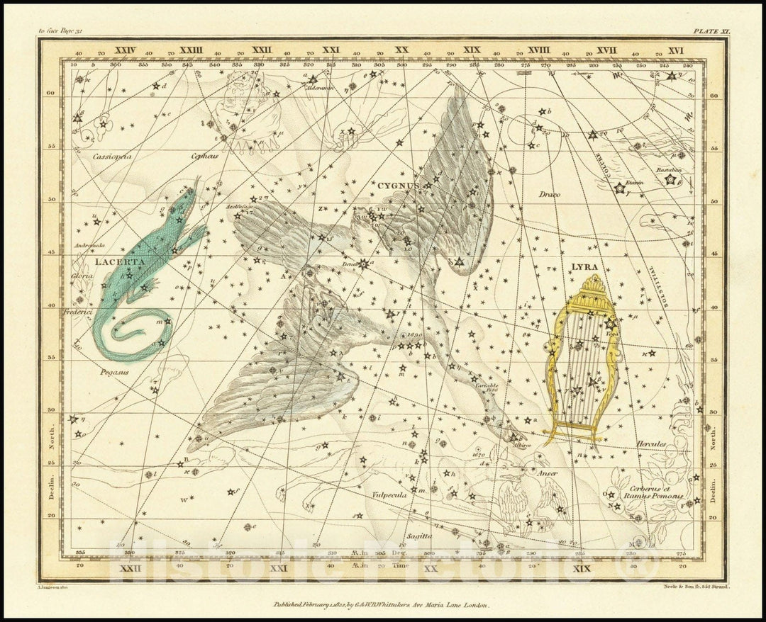 Historic Map : Cygnus, Lacerta, and Lyra, 1822 v2, Vintage Wall Art
