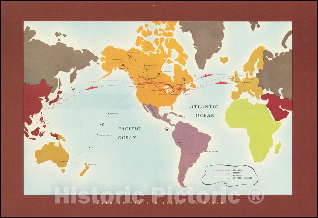 Historic Map : World, Canadian Pacific Spans The World, 1952, Vintage Wall Art