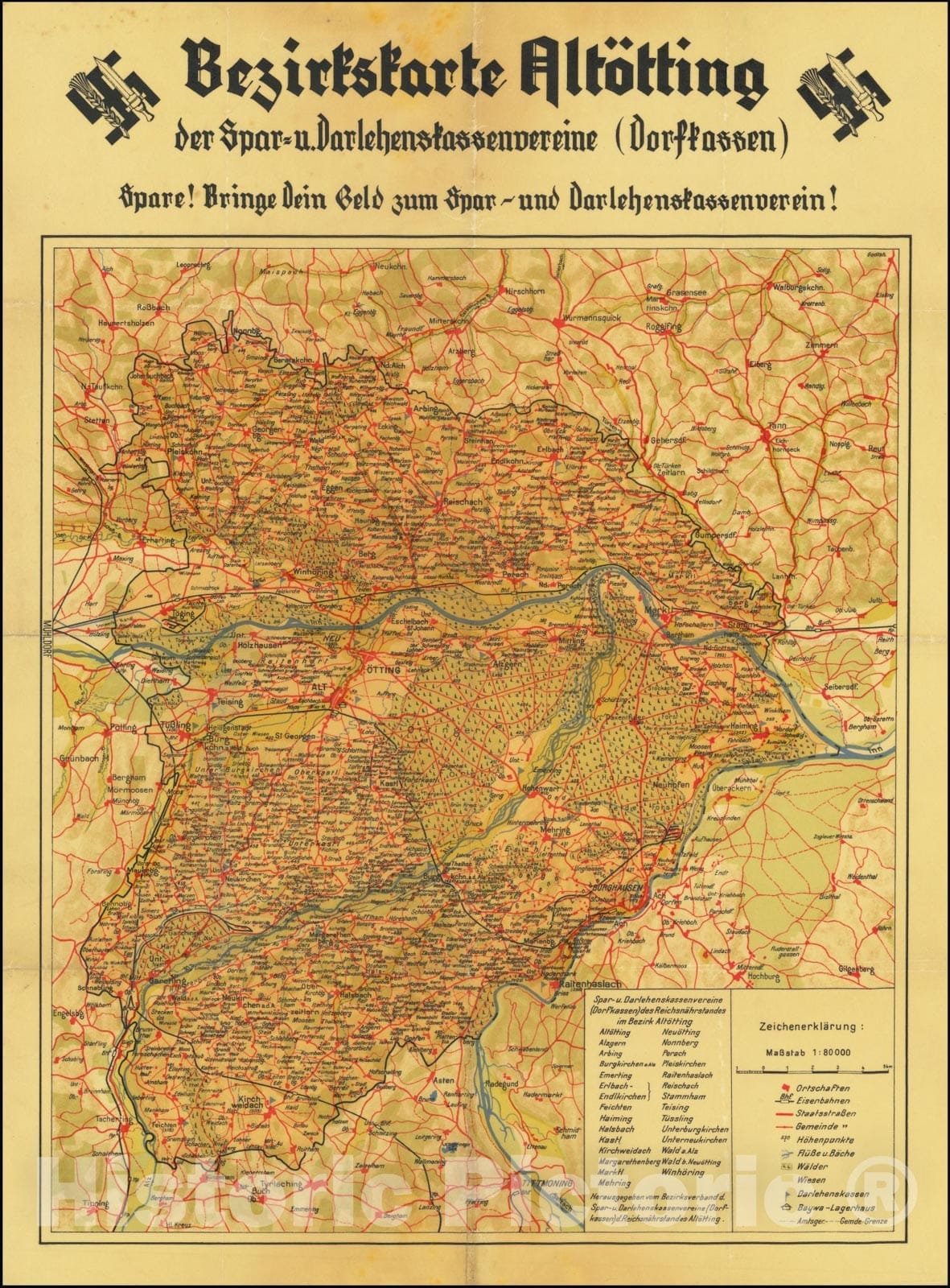 Historic Map : Bezirkskarte AltÃ¶tting der Spar u. Darlehenskassenvereine , Dorftassen,, Vintage Wall Art