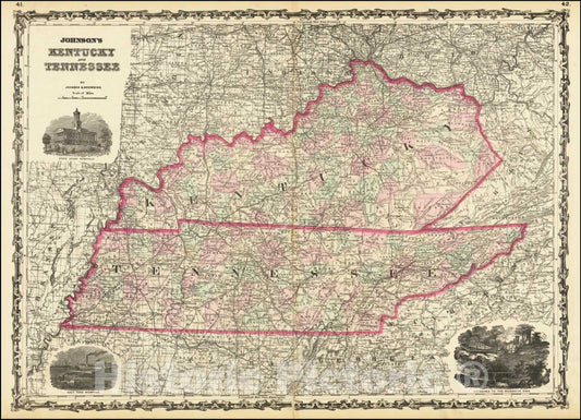 Historic Map : Johnson's Kentucky and Tennessee, 1861, Vintage Wall Art