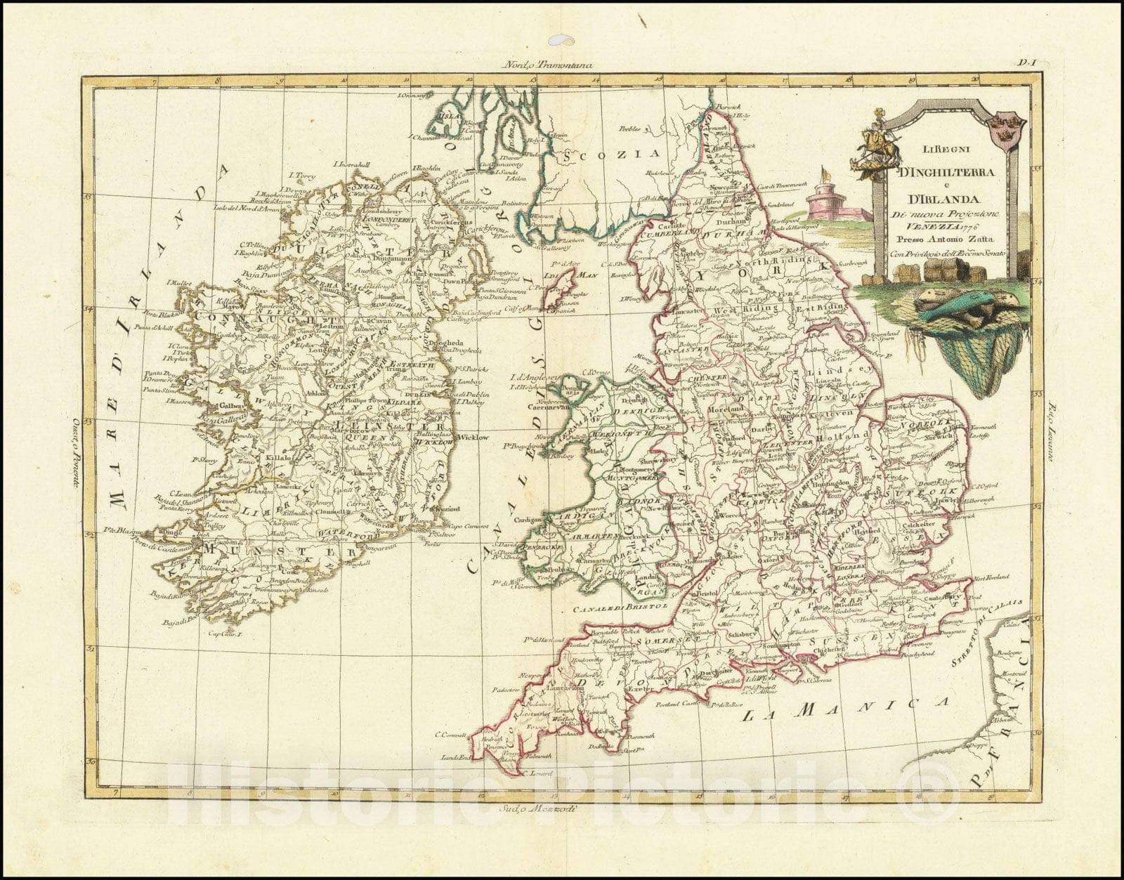 Historic Map : Li Regni D'Inghilterra e D'Irlanda Di nuova Projezione, 1776, 1776, Vintage Wall Art