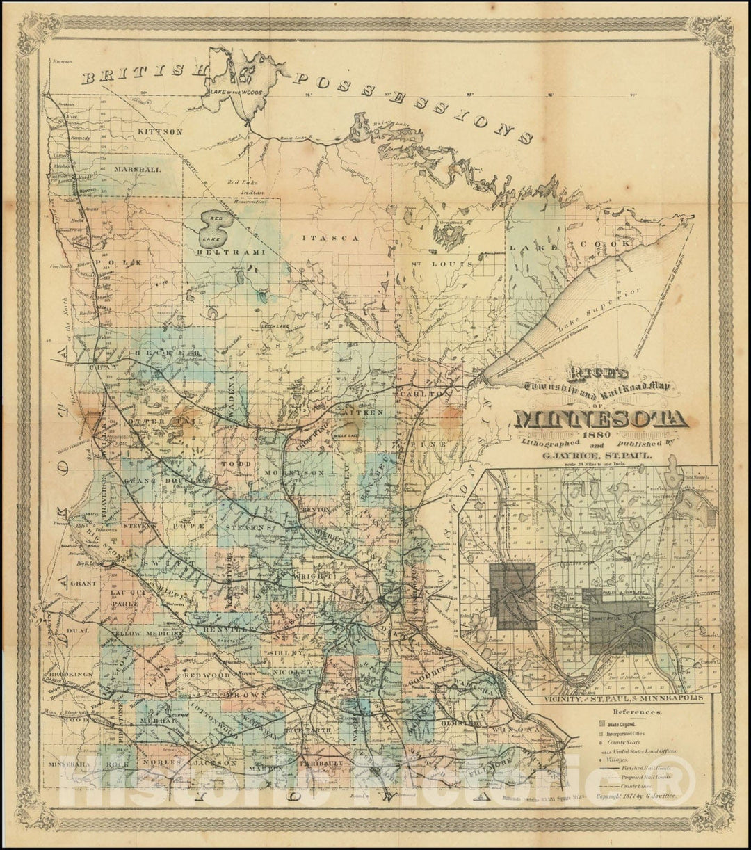 Historic Map : Rice's Township and Rail Road Minnesota 1880Lithographed and published by G. Jay Rice, St. Paul., 1880, Vintage Wall Art
